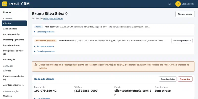 Print da tela do CRM, com dados fictícios do credor Escola Alfa: ficha de um cliente no computador, com o menu lateral marinho agrupado em Carteira, Cobrança e Administração. No alto, o nome do cliente e o botão simular acordo; duas promessas com selos (aberta e pendente de aprovação); um aviso de cidade não reconhecida; o cartão dados do cliente, com documento, telefone, e-mail e faixa de atraso, e os botões exportar dados e anonimizar; e o cartão em cobrança.