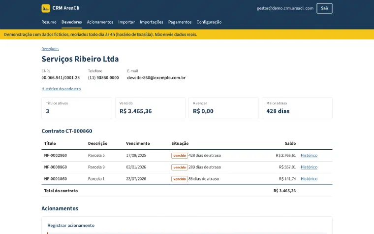 Primeira tela da ficha de um devedor no computador, antes da reforma. Menu horizontal com sete itens, faixa amarela da demonstração, nome do devedor, documento, telefone e e-mail soltos, quatro cartões de números e a tabela de títulos de um contrato com um link &ldquo;Histórico&rdquo; em cada linha. A seção de acionamentos começa no pé da tela; o formulário e o histórico de contatos só aparecem rolando.